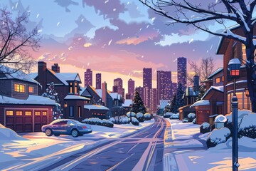 Canvas Print - Snow-covered street with parked cars and winter landscape