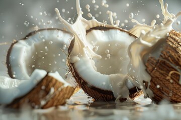 Poster - A close-up shot of milk splashing out of a coconut, great for food, beverage or lifestyle concepts