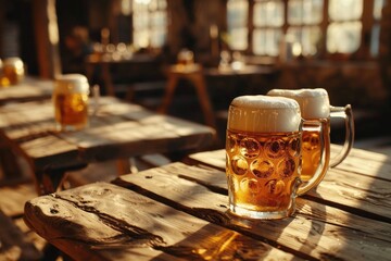 Wall Mural - Two beer mugs resting on a rustic wooden surface, perfect for a casual gathering or outdoor event