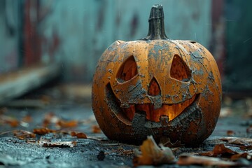 Canvas Print - A carved out pumpkin sitting on the ground