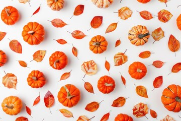 Canvas Print - Freshly harvested small orange pumpkins and autumnal leaves arranged on a white surface