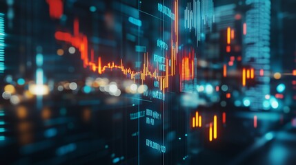 Poster - Complex data visualization in a modern urban environment showcasing digital analytics and stock market trends during night time