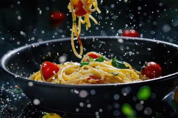 Wall Mural - A plate of spaghetti with tomato and spinach sauce, topped with water