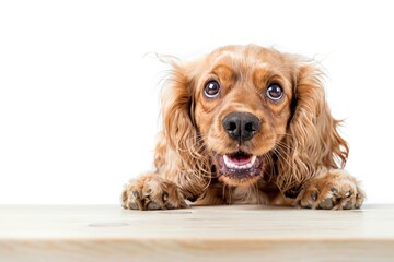 Aufkleber - A brown dog sitting on a wooden table, great for pet-related or home decor use