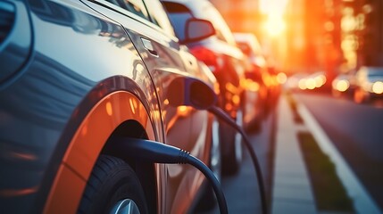 Electric vehicle charging in a city during sunset.