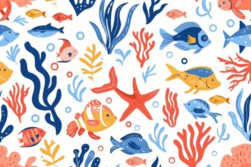 Wall Mural - A group of colorful fish swimming among coral formations on a white background