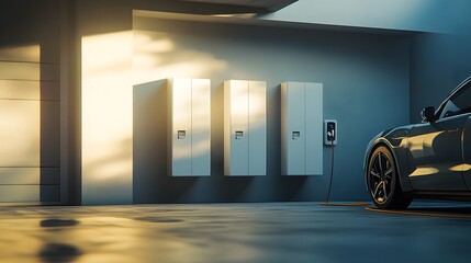 Photo of a home garage with a charging station for electric vehicles