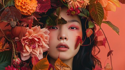 Poster - A portrait of a woman wearing a floral crown, suitable for editorial or lifestyle photography