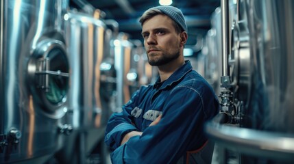 Wall Mural - A worker stands in front of a row of stainless steel beer tanks, ready to start the brewing process