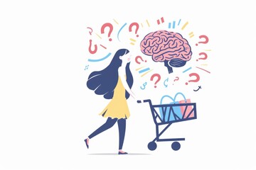 Poster - A woman holding a shopping cart and a brain, possible concept for education or health theme