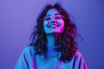Poster - A woman sitting or standing with glasses and blue sweater, possibly for everyday life or casual setting