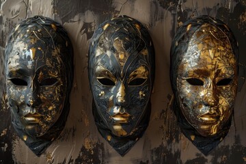 Poster - Three decorative masks with black and gold details hang on a wall, suitable for use in interior design, fashion, or party themes