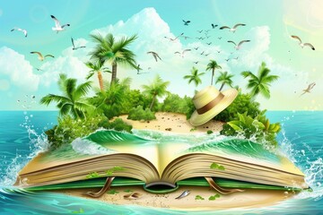 Poster - A colorful illustration of an open book featuring a beautiful tropical island as its cover page