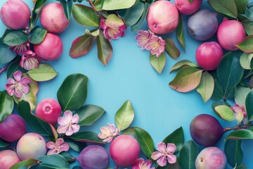 Plum Blossom Heart: A vibrant, whimsical frame of fresh plums, blossoms, and leaves, artfully arranged to form a heart shape against a bright blue backdrop.