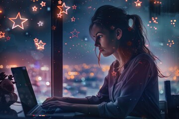Aufkleber - A person sitting at a desk with a laptop and working on it