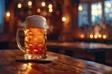 Aufkleber - A glass of beer sits alone on a wooden table, perfect for a cozy evening or outdoor gathering