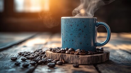 Wall Mural - Coffee cup beans wooden table. Generative AI