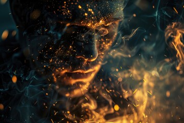 Aufkleber - A close-up shot of a person's face with flames burning in the background