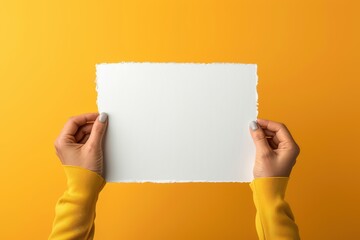 Hands holding a blank sheet of paper against a vibrant yellow background.