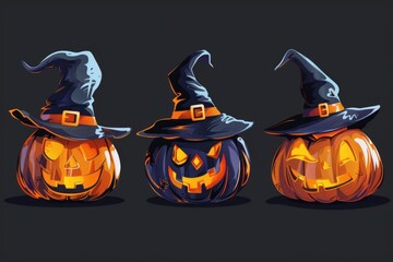 Wall Mural - Three jack-o-lanterns with witch's hat accessories for Halloween decorations or autumnal themes