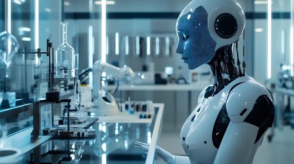 Poster - A humanoid robot conducting a scientific experiment in a laboratory.