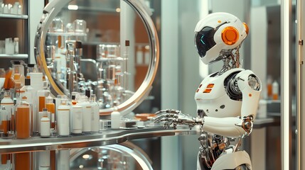 Poster - White humanoid robot inspecting bottles in a laboratory setting.