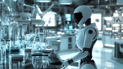 Poster - A humanoid robot working in a laboratory, examining beakers and equipment