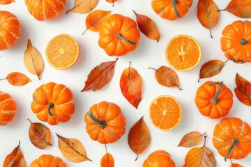 Poster - Fresh oranges and leaves arranged on a white background