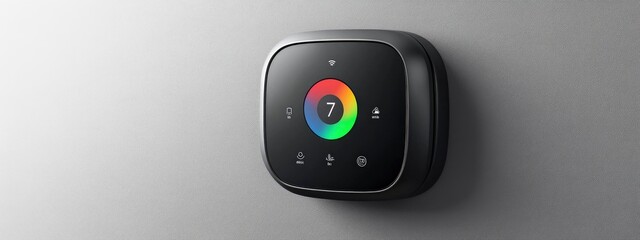 Smart home interface projected on a wall, glowing buttons and settings, soft ambient light from the display