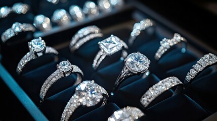 Wall Mural - Close-up of diamond rings arranged in a luxury jewelry display case, spotlighted to showcase their brilliance in an elegant retail setting.