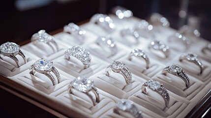 Close-up of diamond rings arranged in a luxury jewelry display case, spotlighted to showcase their brilliance in an elegant retail setting.