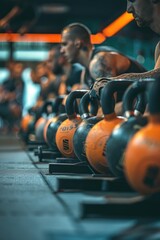 Poster - Kettlebells lined up in a gym setting, ideal for fitness and workout images