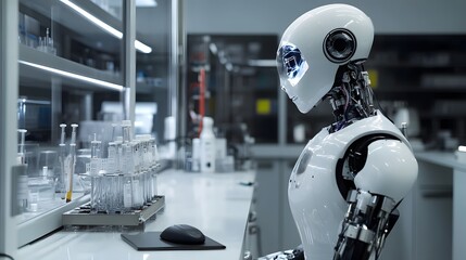 Poster - A White Robot Working in a Laboratory Setting