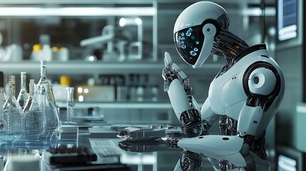 Poster - A White Robotic Figure Working at a Desk in a Laboratory