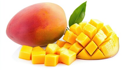 Close-up of ripe mango cubes and slices arranged next to a whole mango, isolated on white, showcasing the vibrant yellow-orange color and juicy texture.