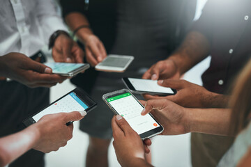 Poster - Hands, business people and group with phone in circle for networking, social or communication. Closeup, team or mobile screen to share calendar app, connection or update schedule for event planning