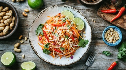 Wall Mural - Close-up of Som Tam Thai papaya salad on a white ceramic plate, surrounded by fresh ingredients like lime, chili, and peanuts, sitting on a rustic wooden table.