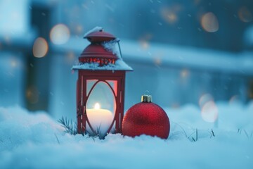 Poster - A red lantern sits in the snow next to a red Christmas ornament, perfect for winter scenes or holiday decorations