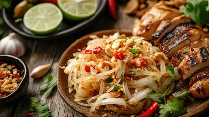 Close-up of Som Tum Thai papaya salad with a side of grilled chicken, surrounded by traditional Thai ingredients like garlic, lime, and chilies on a wooden surface.