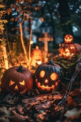 Wall Mural - A group of carved pumpkins sitting on the ground, perfect for autumn and Halloween themes