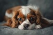 © Fotograf - A brown and white dog is lying comfortably on the top of a couch, perfect for a relaxing moment