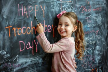 Poster - A young girl is writing on a blackboard with chalk, an educational scene