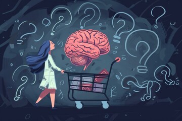 Sticker - A woman pushes a shopping cart filled with a large brain, likely for educational or scientific purposes