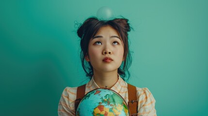 Aufkleber - A woman holds a globe with a bubble emerging, suitable for use in illustrations about exploration, travel or environmental themes