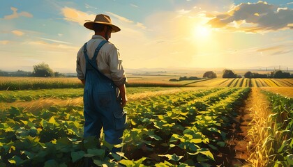 Sunlit farming scene featuring a farmer in overalls examining crops in a vibrant rural landscape, embodying the essence of agriculture and country living.