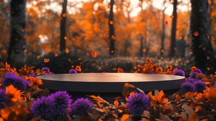 Poster - The image features a circular wooden platform positioned in the center of a field. The platform is surrounded by a variety of flowers, including purple and orange blooms