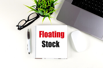 Poster -  Floating stock text on notebook with laptop, glasses, pen, and plant on white desk