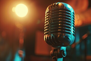 Poster - A close-up shot of a microphone with a light in the background, suitable for use in music-related projects or as a design element