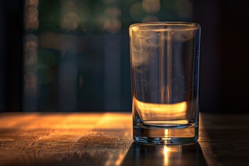 Poster - A clear glass filled with water sits on top of a rustic wooden table