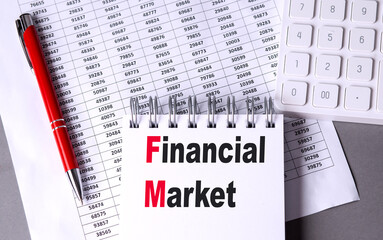 Poster - Financial market text on notebook with red pen, calculator, and numerical data sheet on grey desk